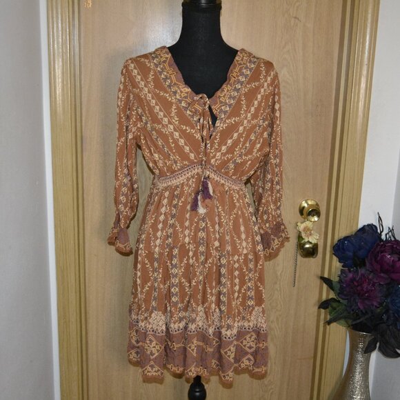 SOLD! Angie Tan Boho Floral Fall Style Mini Dress - Picture 1 of 8